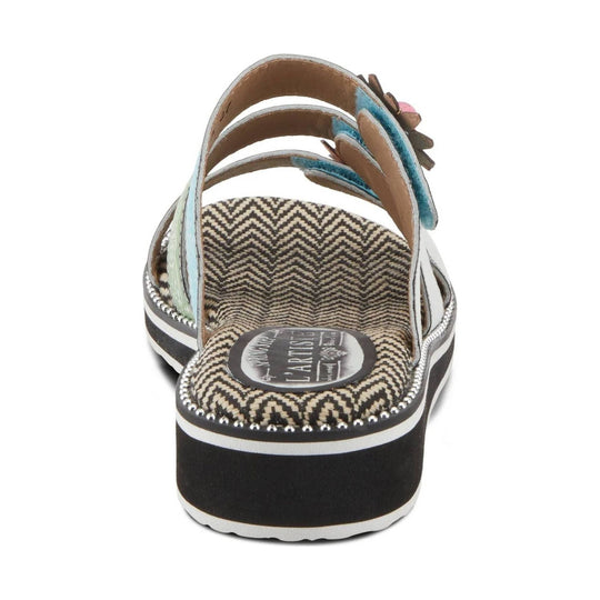 Platform sandal with woven footbed, multicolor straps, and L'ARTISTE logo on the insole