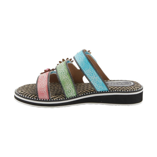 Multicolor wedge sandal with braided platform, floral patterned straps, and open toe