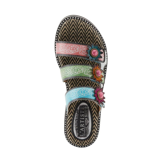 Multicolor slide sandal with patterned footbed, three embellished straps, and floral appliques