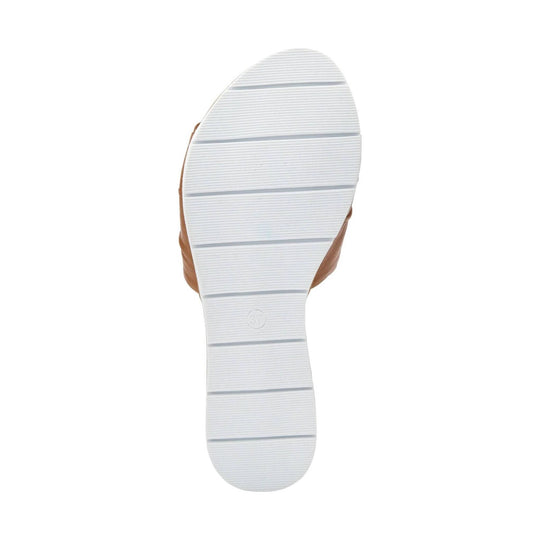 White ribbed sandal sole with tan leather edges and embossed size 37