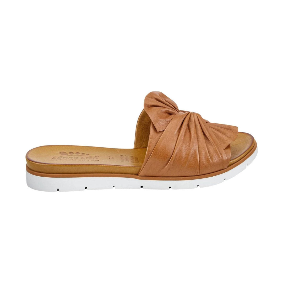 Tan leather slide sandal with gathered strap and white platform sole