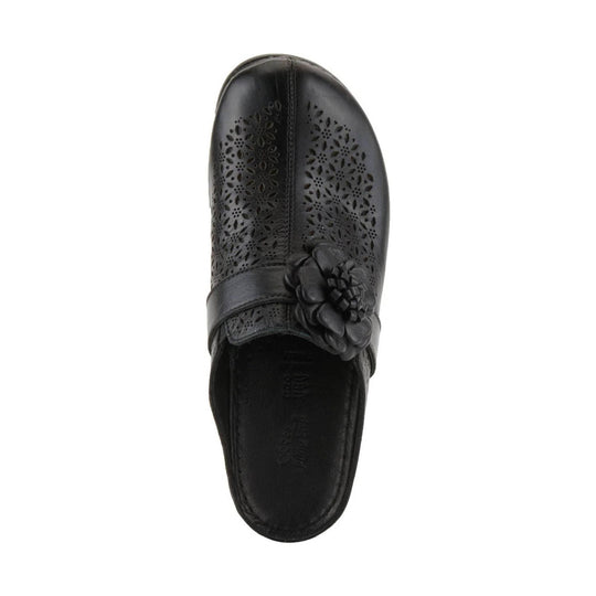 Black leather clog with floral cutout pattern and a large flower strap embellishment