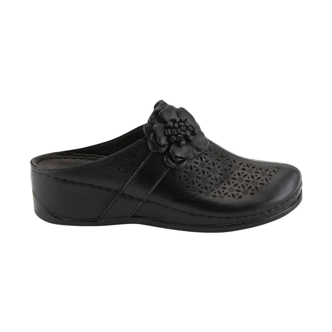 Black perforated clog with a floral appliqué on the upper and a wedge heel