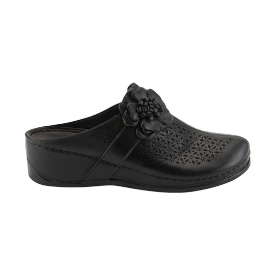 Black perforated clog with a floral appliqué on the upper and a wedge heel