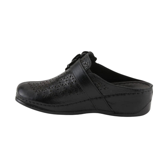 Black perforated mule clog with a low wedge heel and decorative bow on top