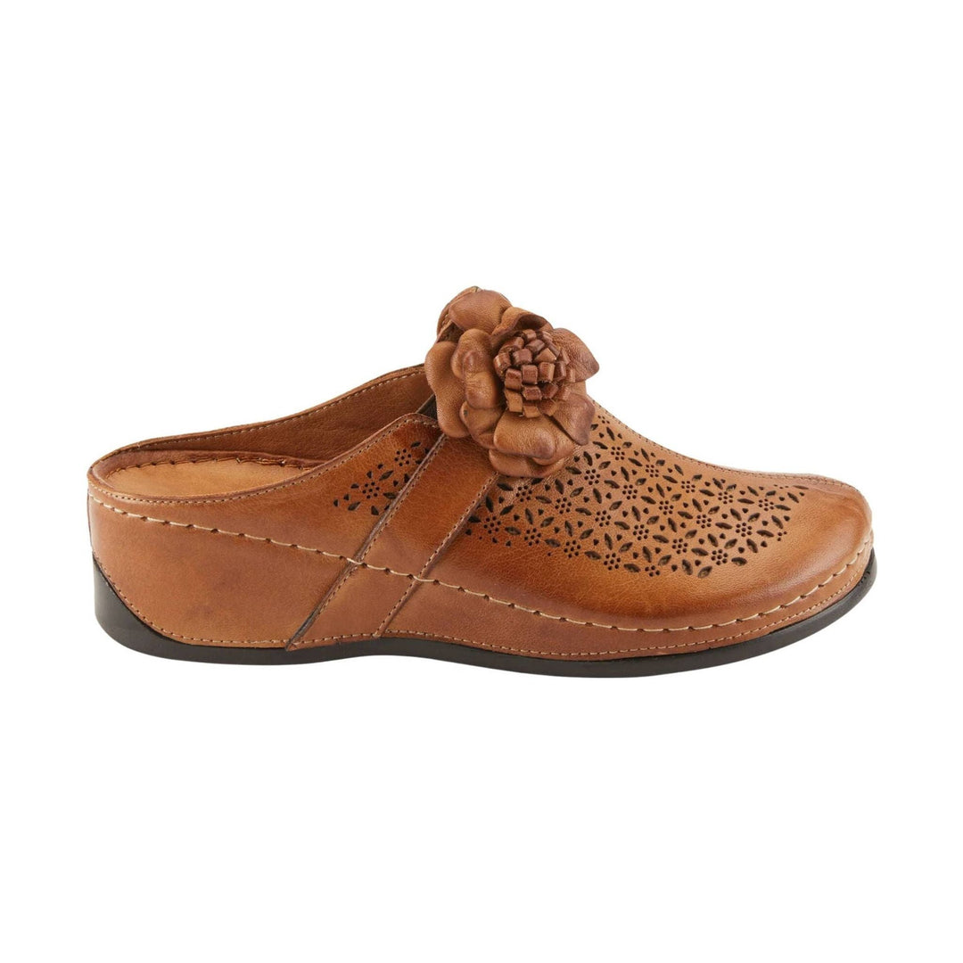 Brown leather mule clog with floral cutout detailing and a flower embellishment