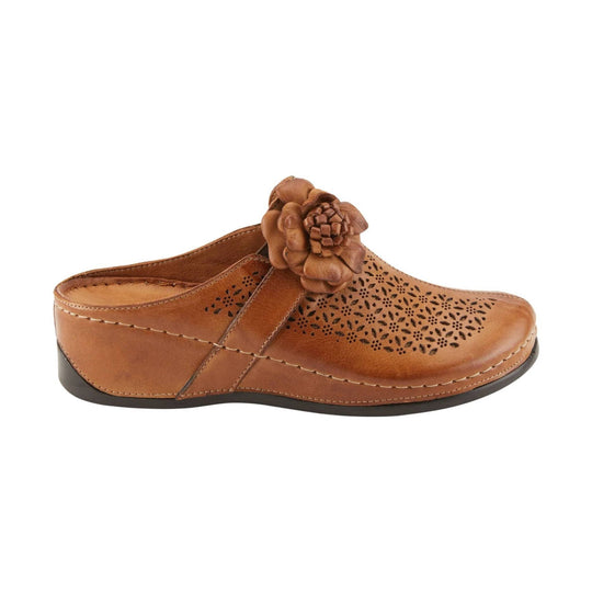 Brown leather mule clog with floral cutout detailing and a flower embellishment