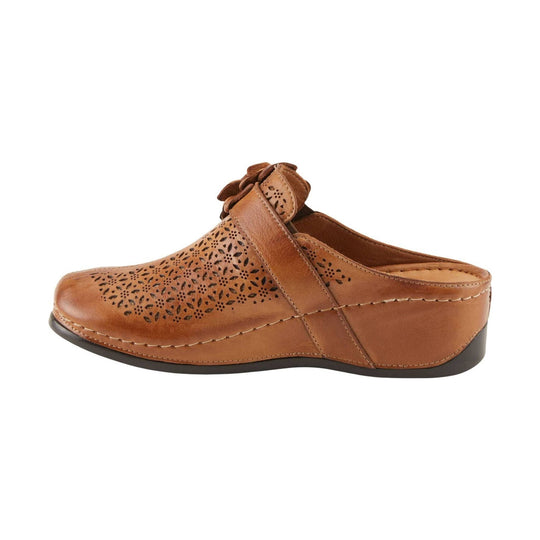 Tan leather mule clog with perforated floral cutouts and a dark sole