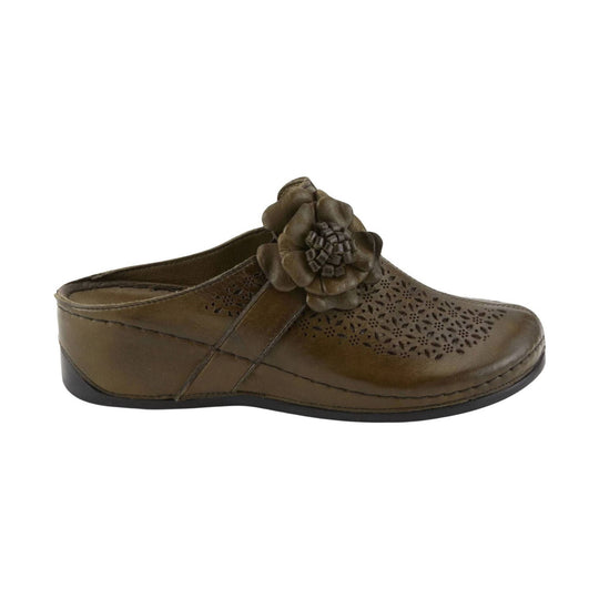 Brown leather clog with floral cutout detail and flower accent