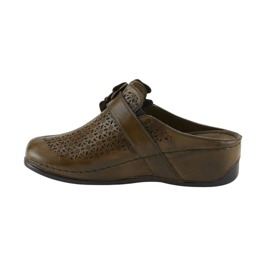 Brown perforated mule clog with low wedge heel and rounded toe