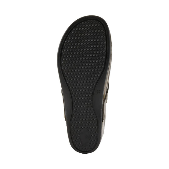 Black textured shoe outsole with rounded toe and heel tread