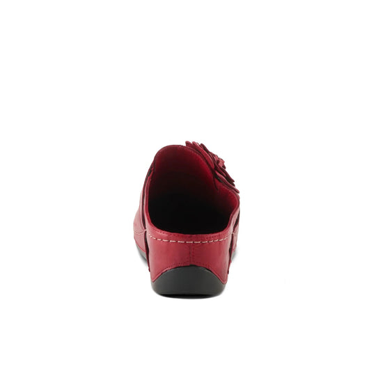 Red backless slip-on clog shown from the rear, with flower detail on the upper and a black heel