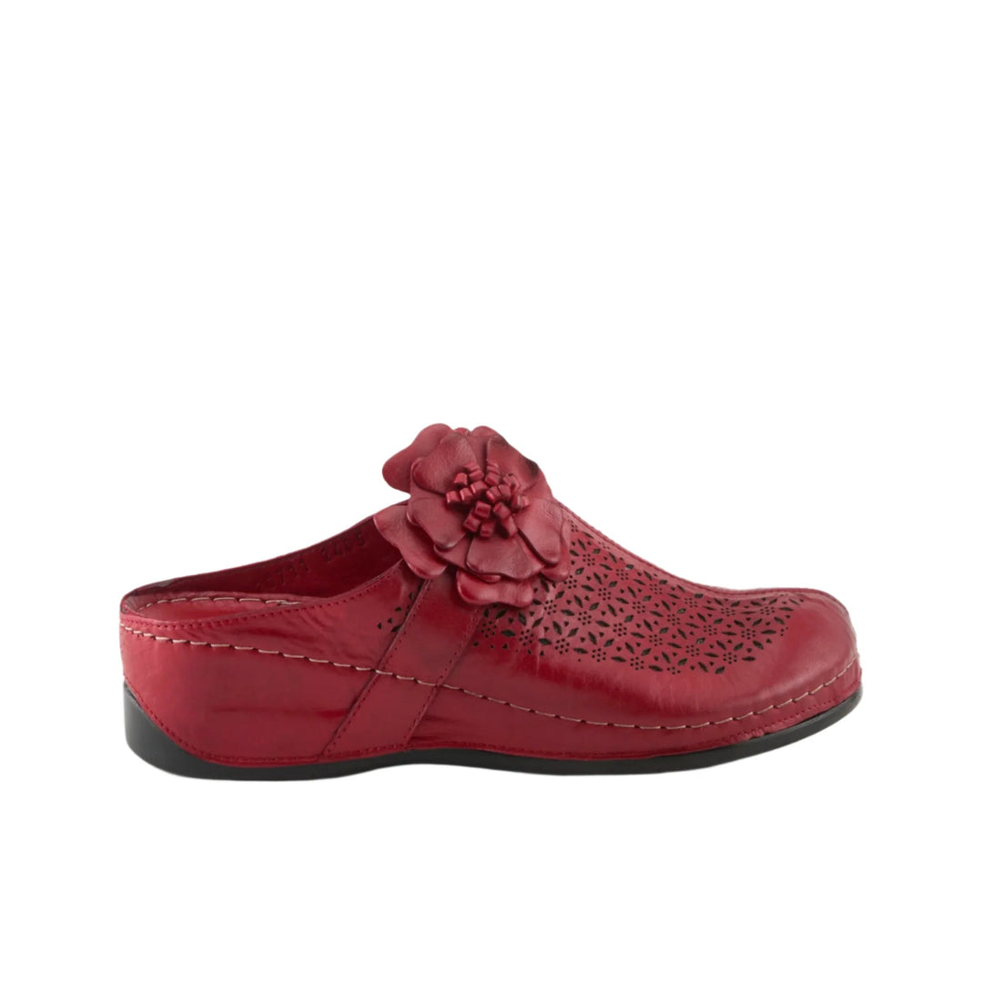 Red leather clog with floral upper applique and black sole, side view