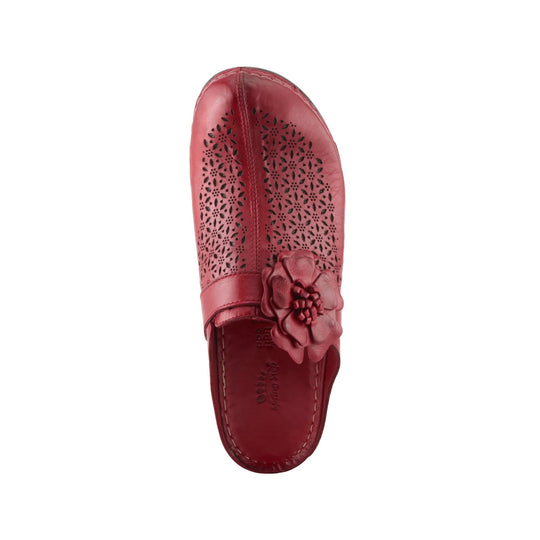 Red leather clog with floral cutout upper and a large flower detail on the strap, shown from above.