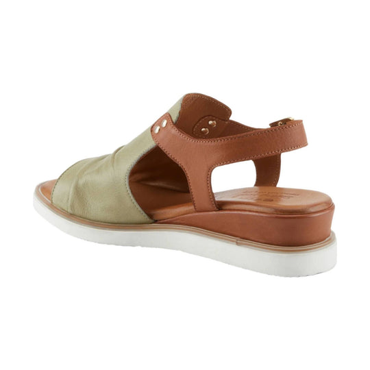 Tan and olive leather sandal with ankle strap, open toe, and white platform sole