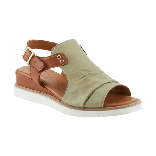 Olive and brown wedge sandal with open toe and ankle strap
