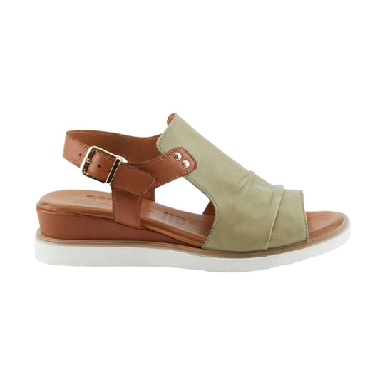 Tan and olive wedge sandal with brown ankle strap, buckle closure, and white sole