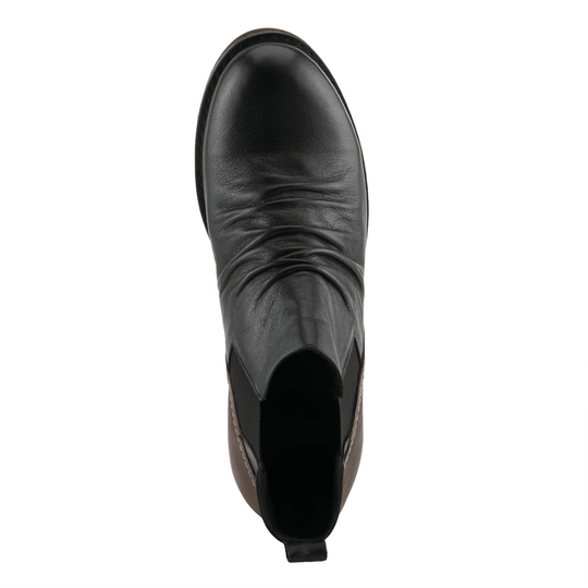 Black leather ankle boot seen from above