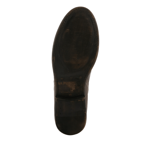 Dark boot sole with rounded toe and worn tread, viewed from below