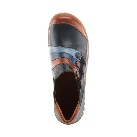 Top-down view of a multicolor leather closed-toe shoe with stitched panels and side buttons