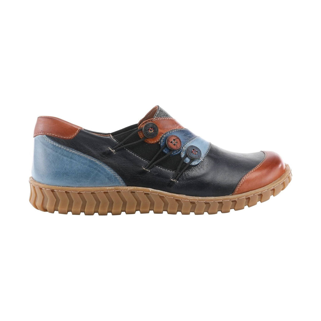 Multicolor leather slip-on shoe with black upper, blue and brown panels, elastic laces, and a tan lug sole