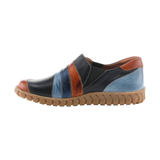 Black and brown slip-on leather shoe with blue side panels and a tan lug sole