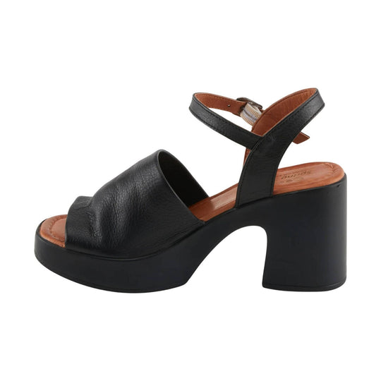 Black platform heeled sandal with wide toe strap and ankle buckle strap