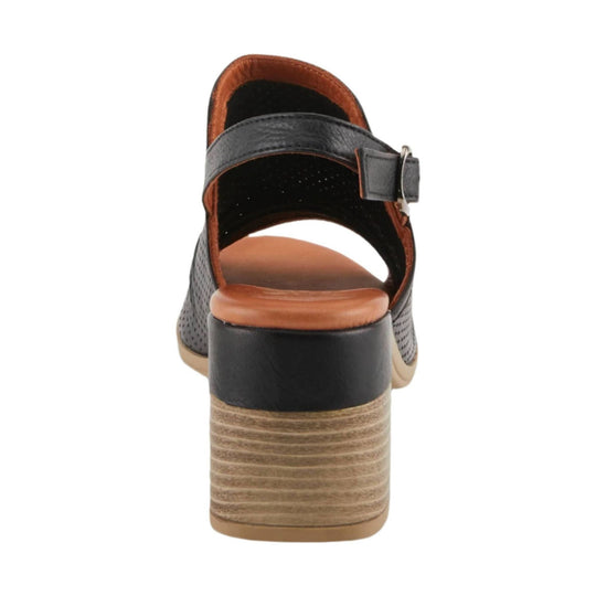 Black heeled sandal with ankle strap, perforated sides, and tan block heel