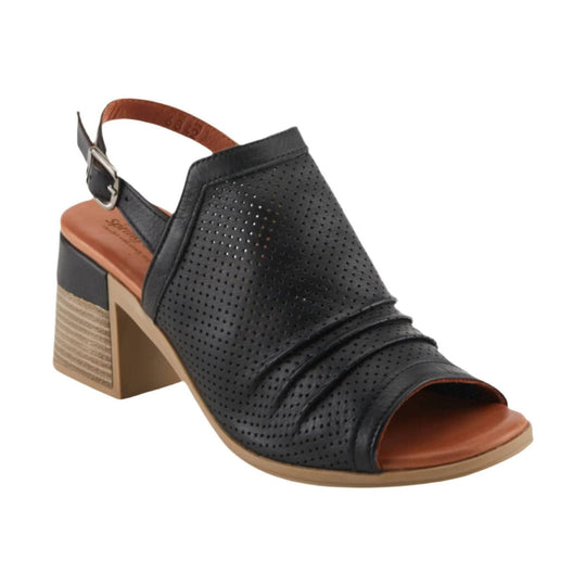 Black perforated slingback heeled sandal with peep toe and tan block heel