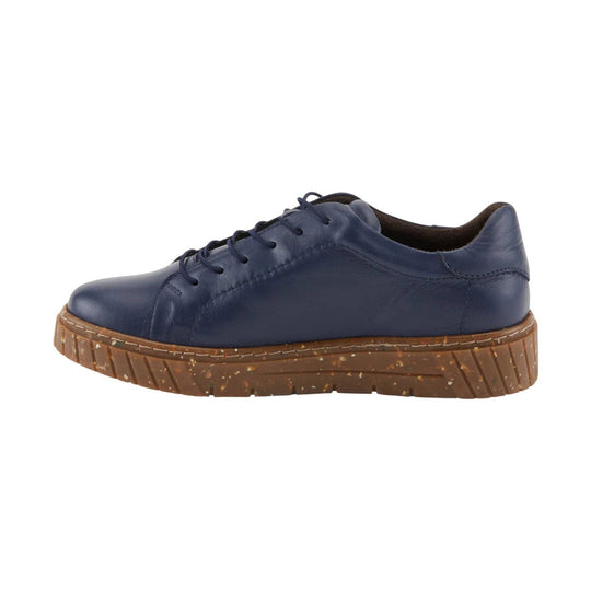Navy leather lace-up shoe with brown speckled platform sole