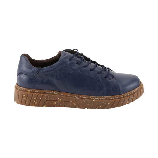 Navy leather lace-up shoe with brown speckled platform sole