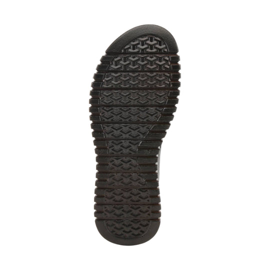 Black rubber sandal sole with textured tread pattern, bottom view