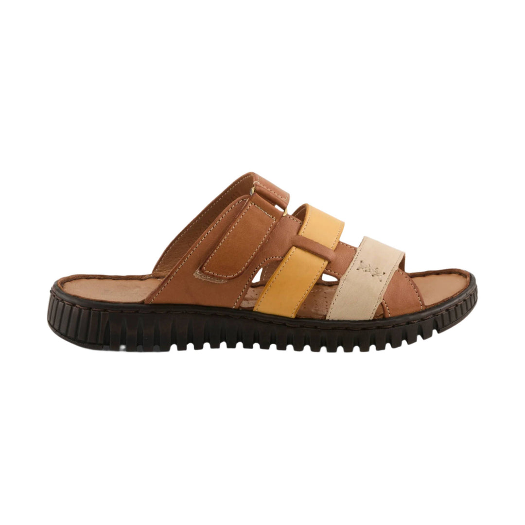 Brown and tan strappy sandal with a black lug sole