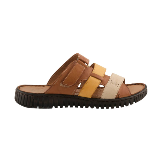 Brown and tan strappy sandal with a black lug sole