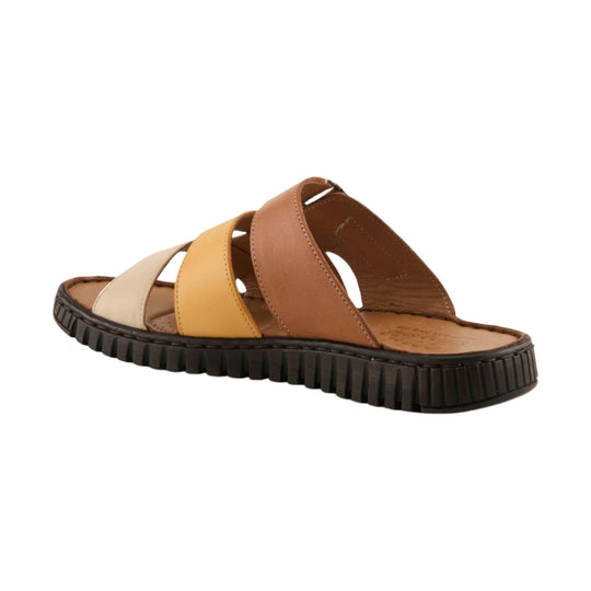Multi-tone strappy sandal with brown, tan, and cream leather straps and a black ridged sole