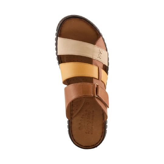 Brown and tan multi-strap sandal with a closed toe, adjustable buckle straps, and black sole, top view