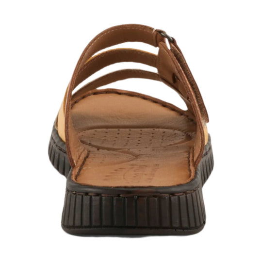 Brown strappy sandal with a tan footbed and black ribbed platform sole, front view