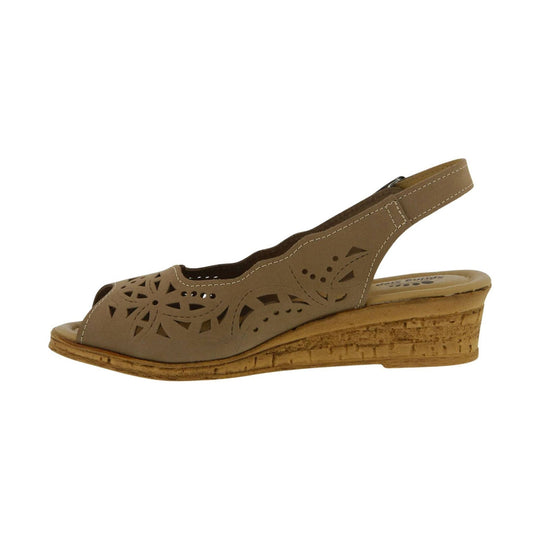 Taupe peep-toe wedge sandal with floral cutouts and slingback strap