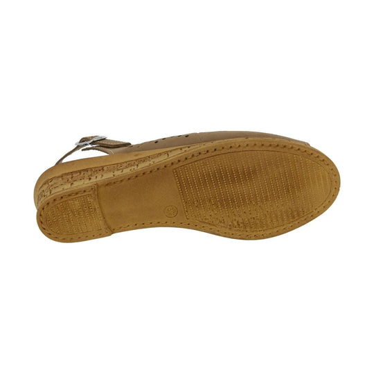 Tan sandal outsole with textured tread and stitched edges