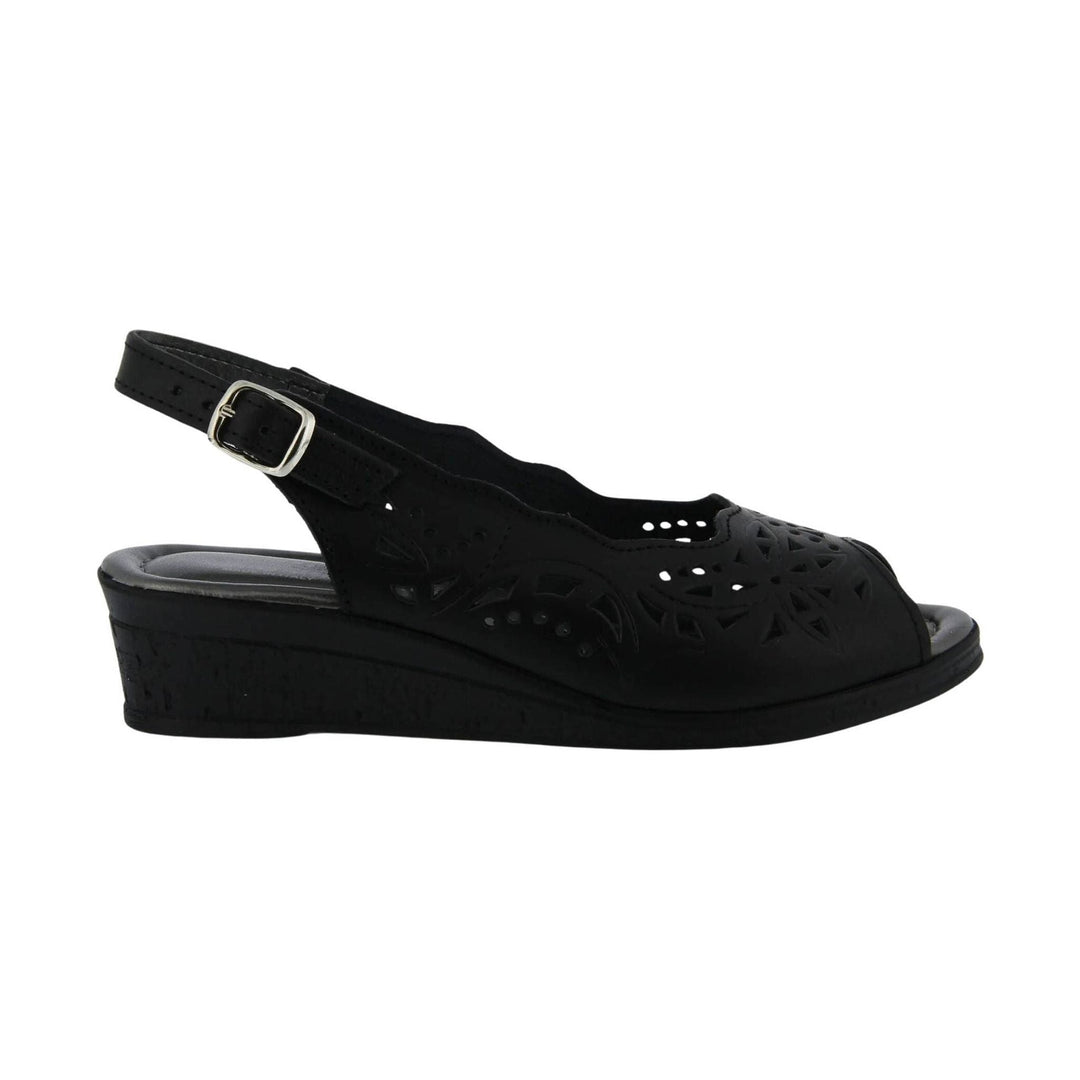 Black wedge sandal with cutout upper, open toe, and ankle strap with buckle