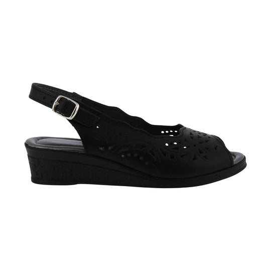 Black wedge sandal with cutout upper, open toe, and ankle strap with buckle