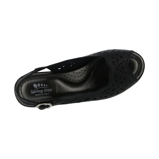 Black closed-toe slingback sandal with perforated cutout upper and buckle strap