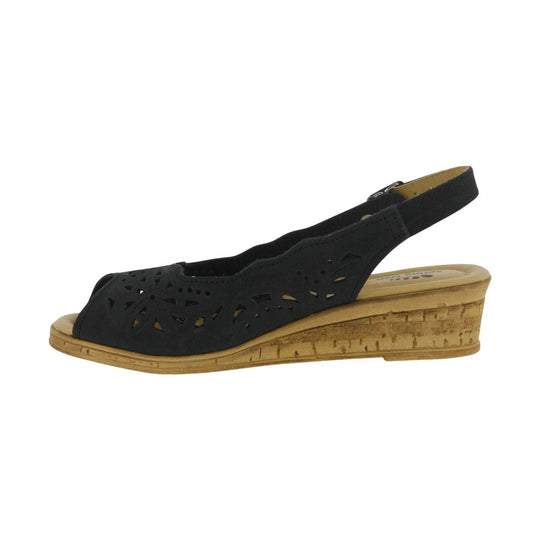 Black peep-toe wedge sandal with cutout upper and cork-look sole