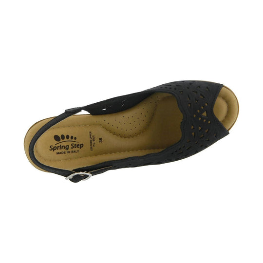 Black cutout slingback sandal with peep toe and tan insole