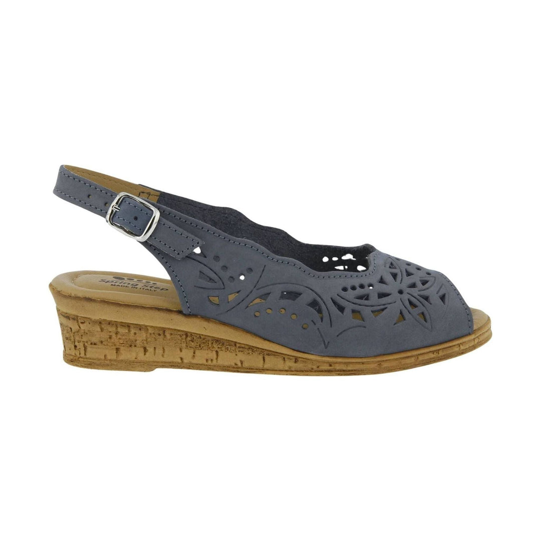 Blue perforated wedge sandal with an adjustable ankle strap and cork-look heel