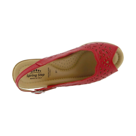 Red cutout slingback sandal with peep toe and tan insole