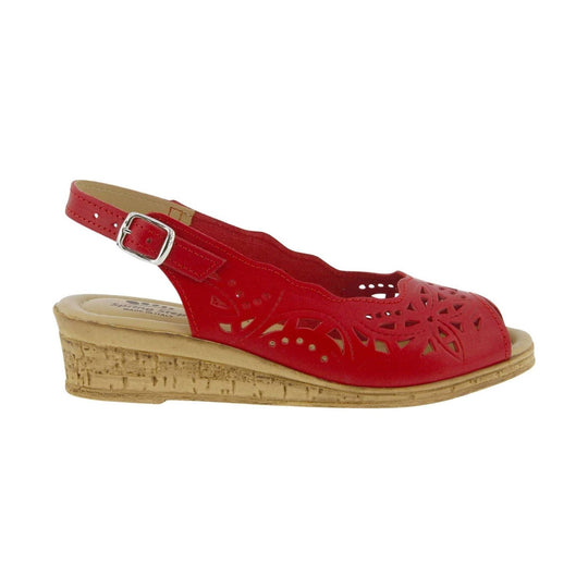 Red leather wedge sandal with cutout floral pattern, slingback strap, and cork-textured sole