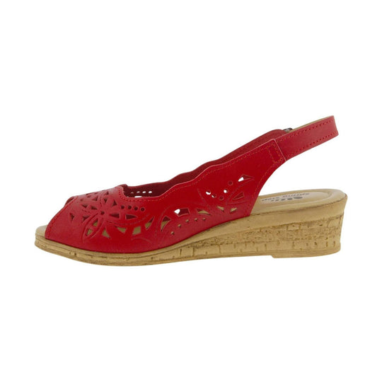 Red perforated slingback wedge sandal with tan cork-look heel and peep-toe front