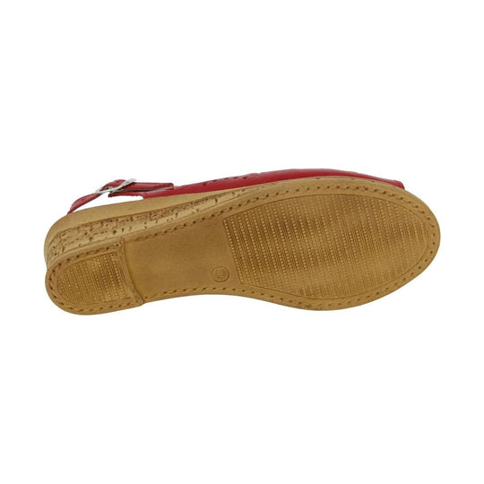 Red sandal shown from the sole with tan tread and a size 39 marking