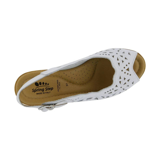 White cutout slingback sandal with tan insole and low heel